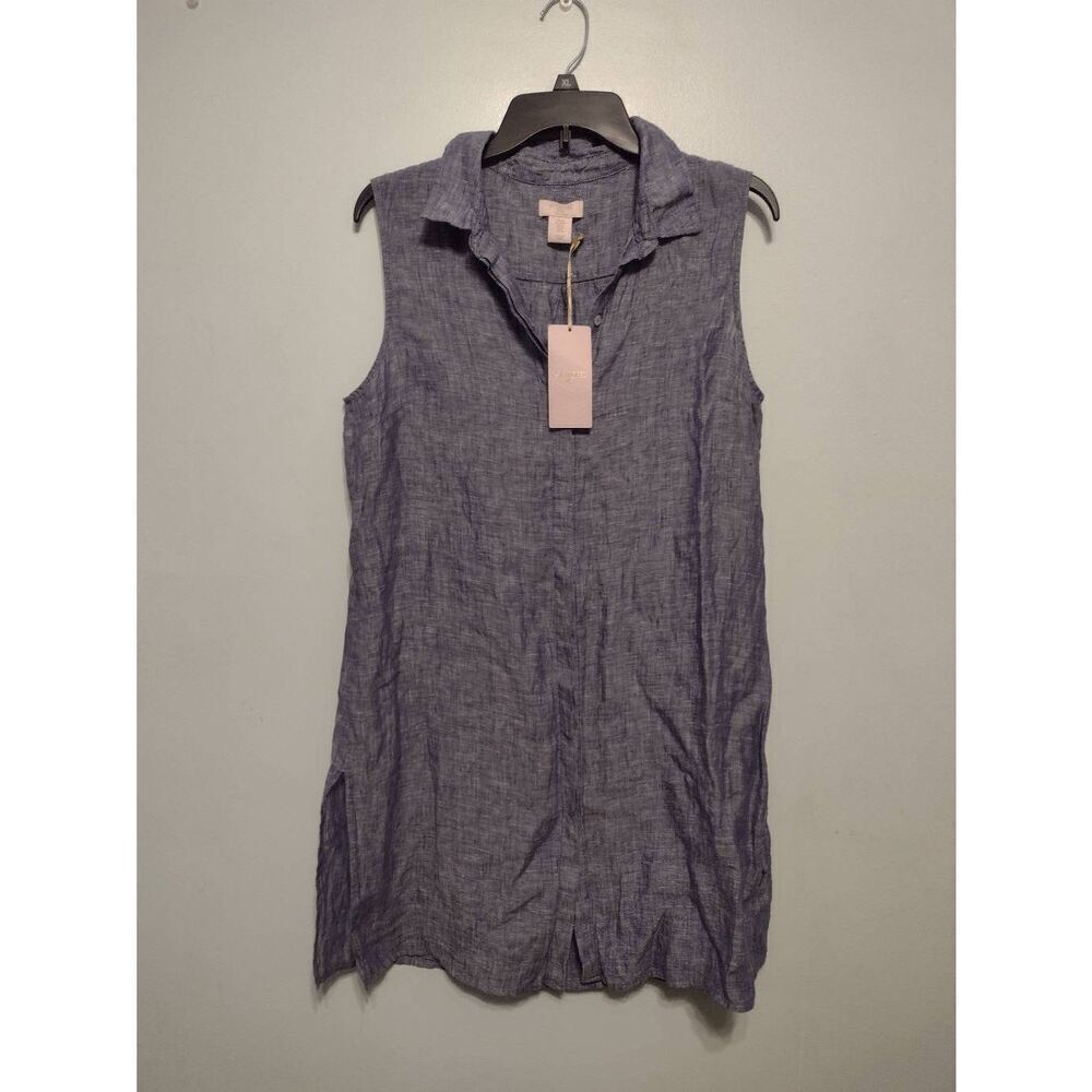 NWT St. Tropez West Blue Linen Button Up Collared Tunic Dress Swim Cover Size M